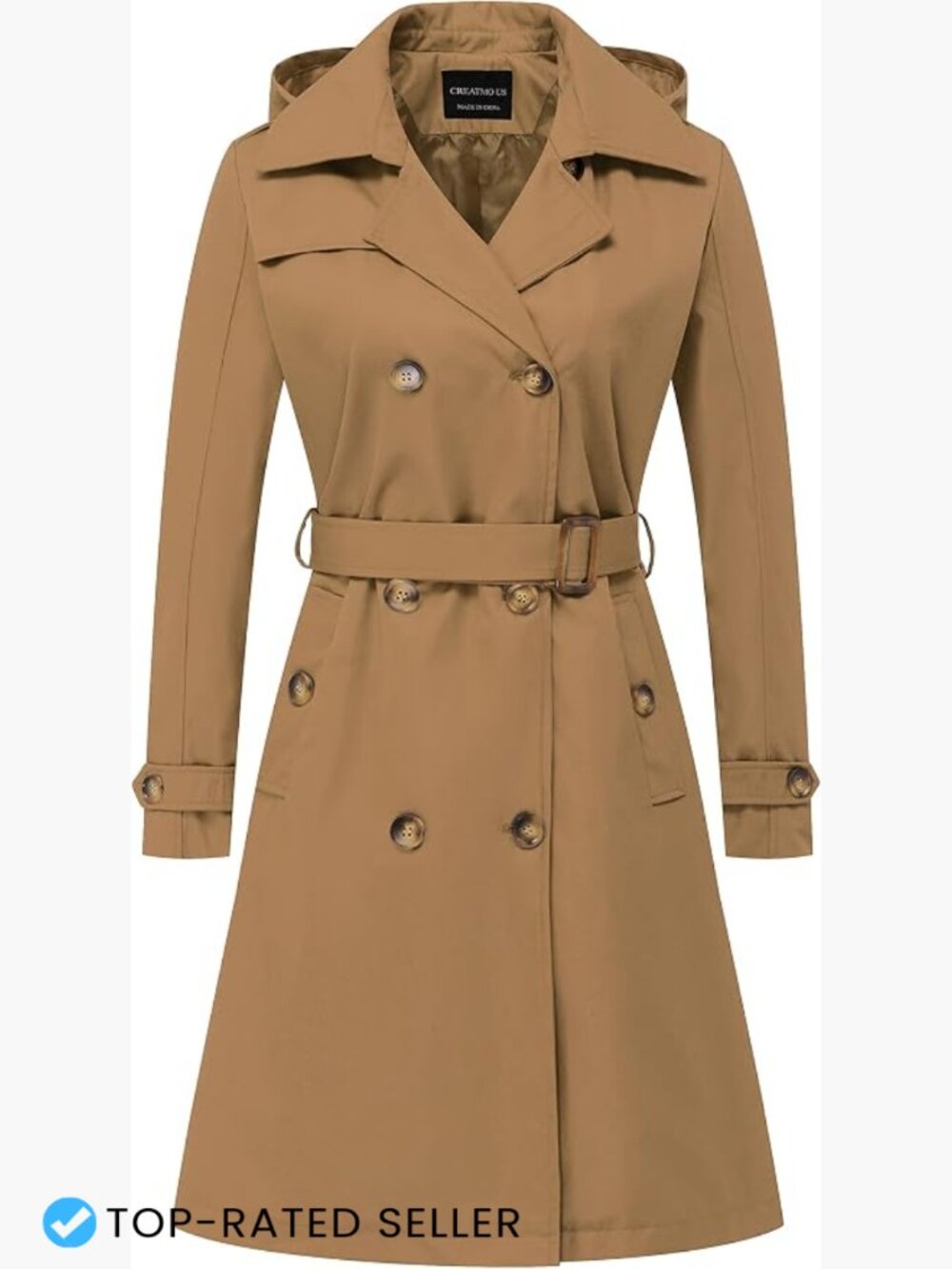 Classic Double-Breasted Long Trench Coat Belted Slim Fit Knee Length Overcoat